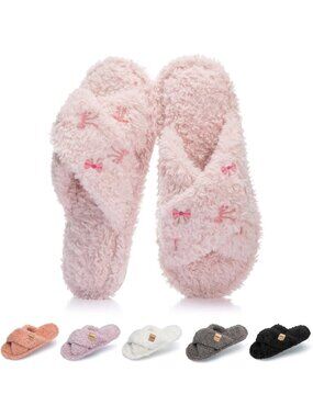 〽️Women's Pink Fuzzy Open Toe Slippers Cozy Cross Band Faux Fur House Shoes